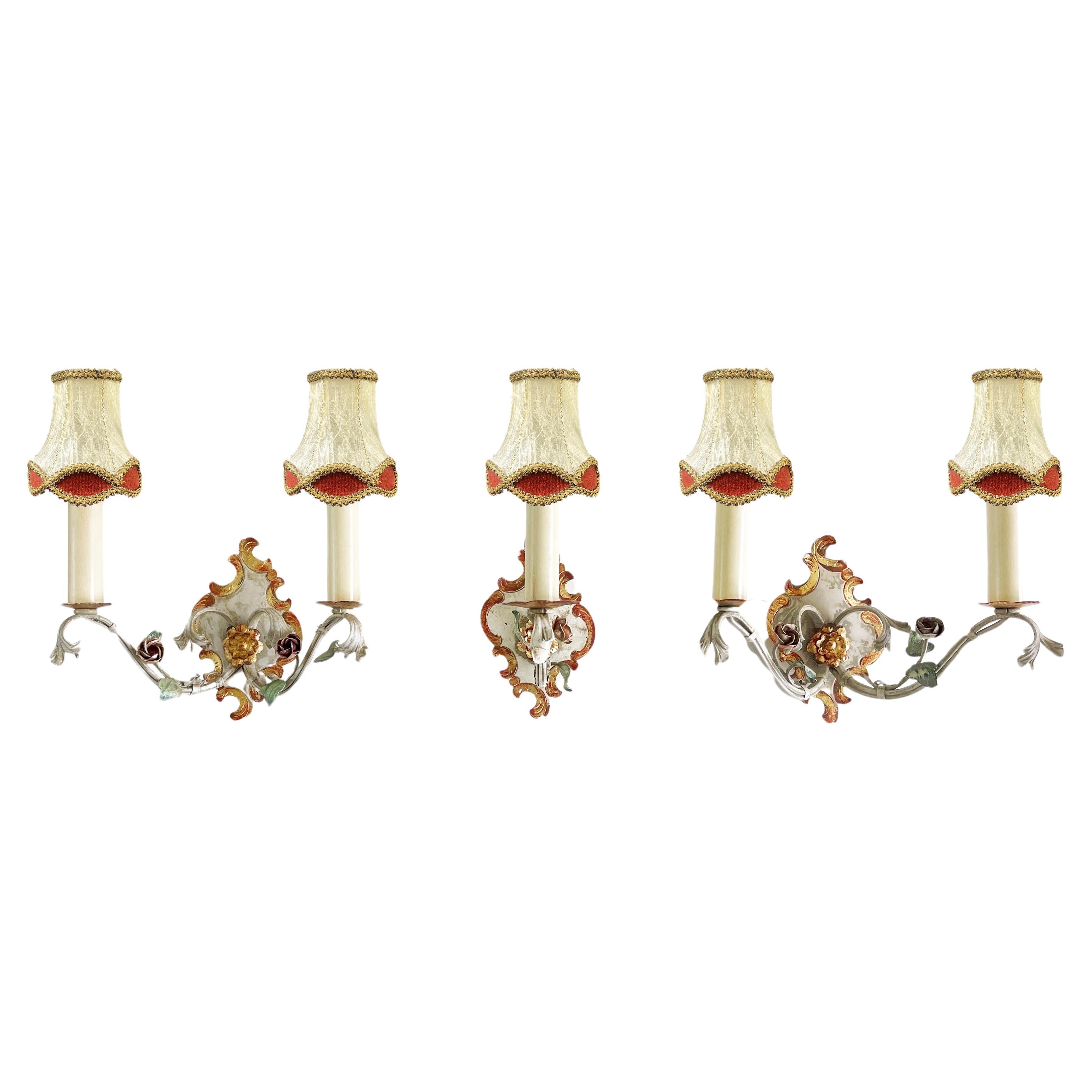 Set of 3 Italian Toleware Wall Lights, Grey, Gold Red Wrought Iron, 1960s For Sale