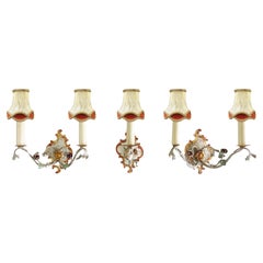 Set of 3 Italian Toleware Wall Lights, Grey, Gold Red Wrought Iron, 1960s