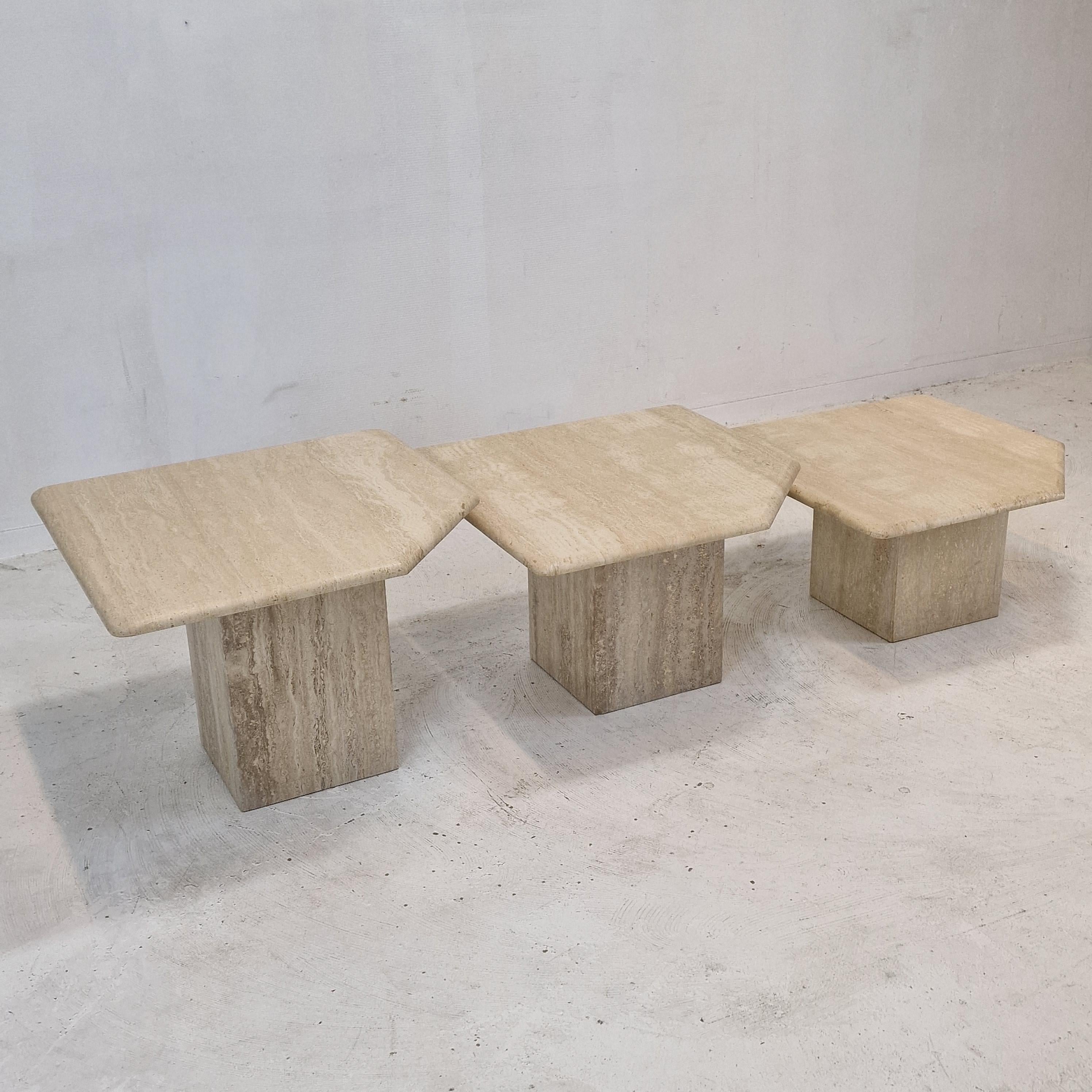 Hand-Crafted Set of 3 Italian Travertine Coffee or Side Tables, 1980s For Sale