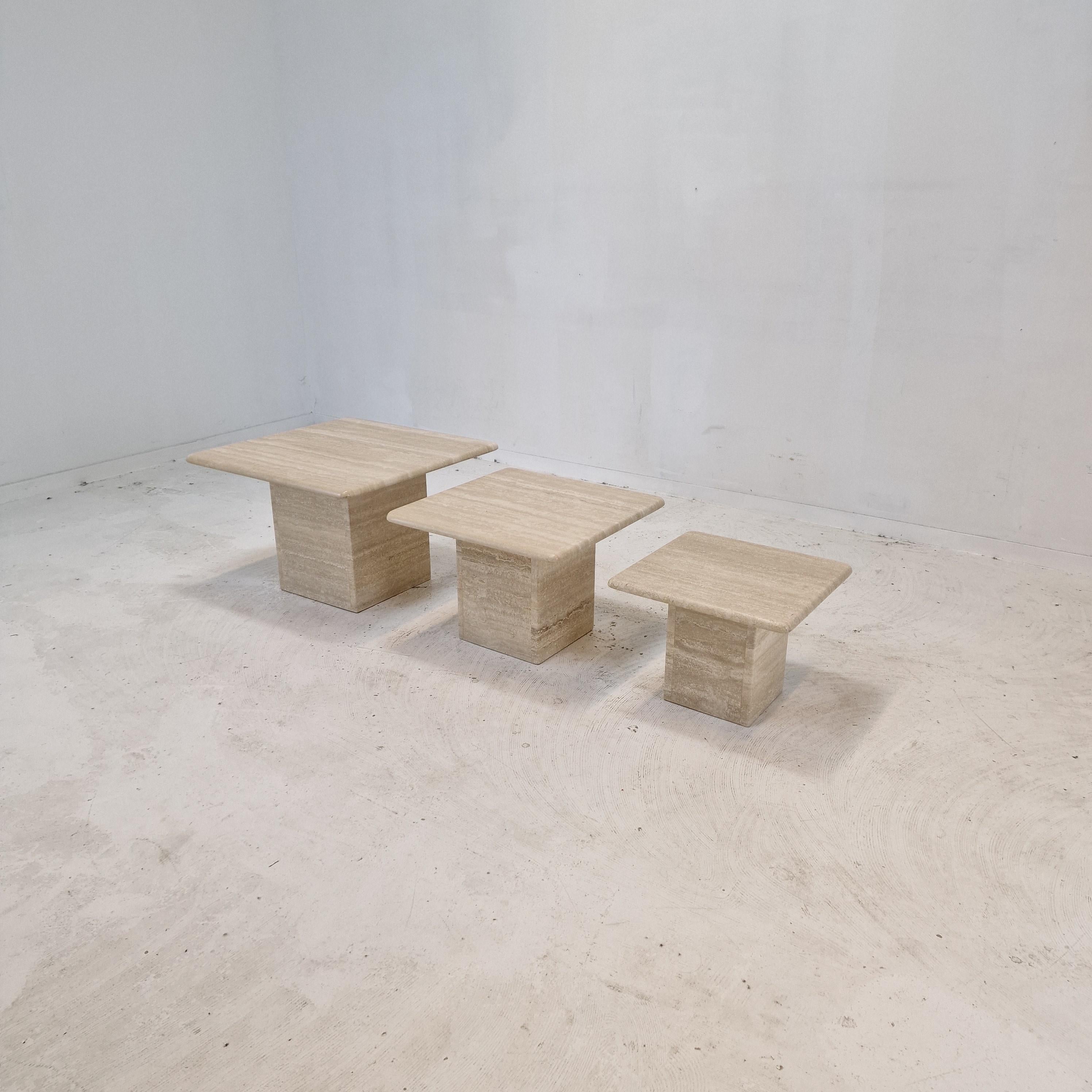Hand-Crafted Set of 3 Italian Travertine Coffee or Side Tables, 1980s
