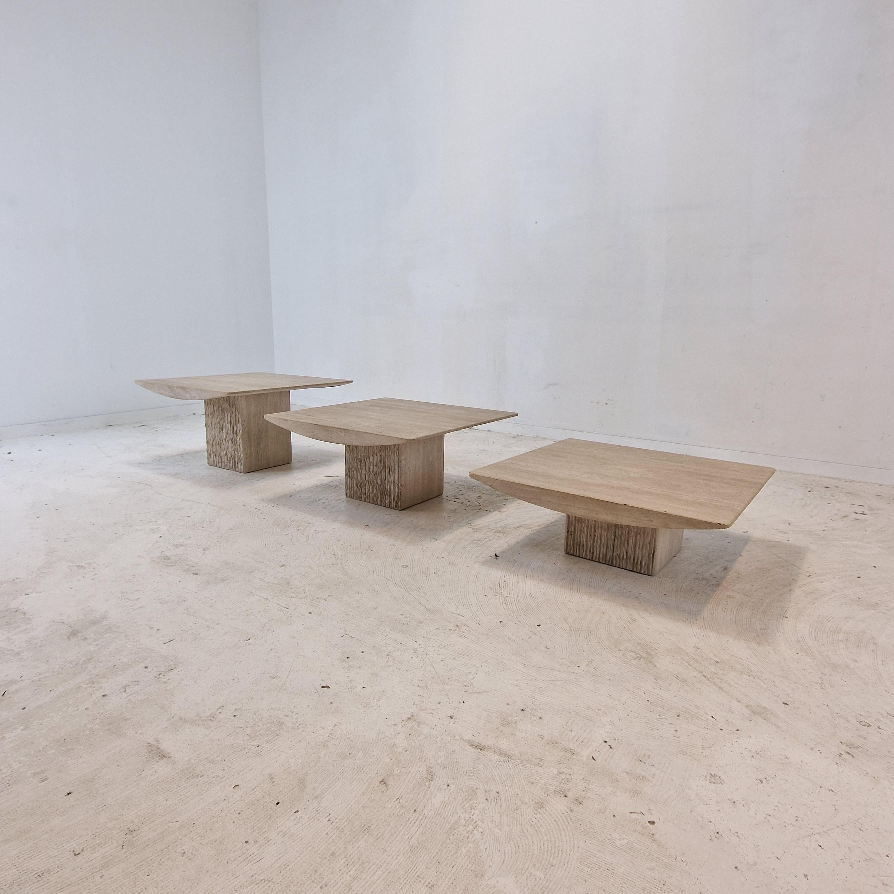 Hand-Crafted Set of 3 Italian Travertine Coffee or Side Tables, 1980s For Sale