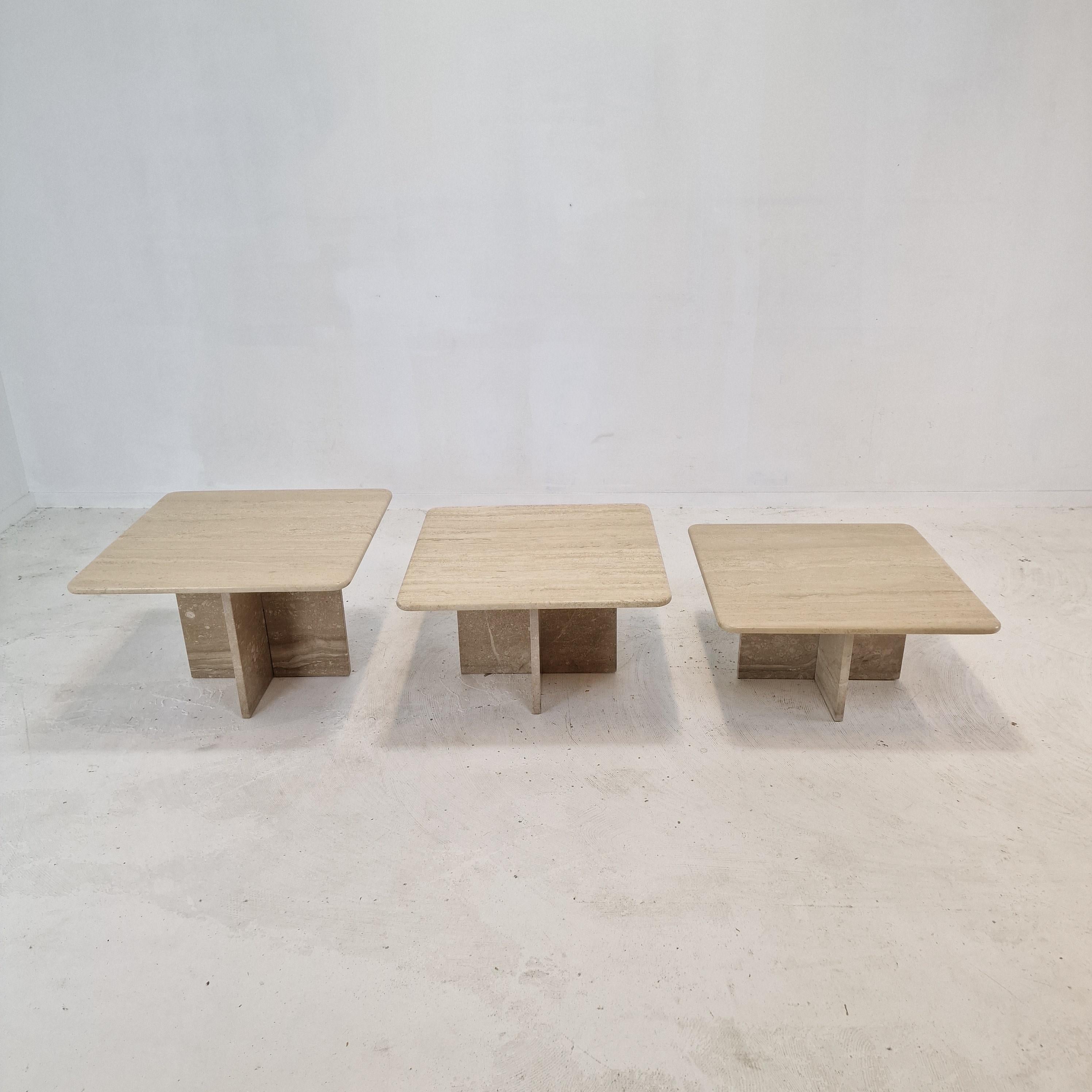 Hand-Crafted Set of 3 Italian Travertine Coffee or Side Tables, 1990s For Sale