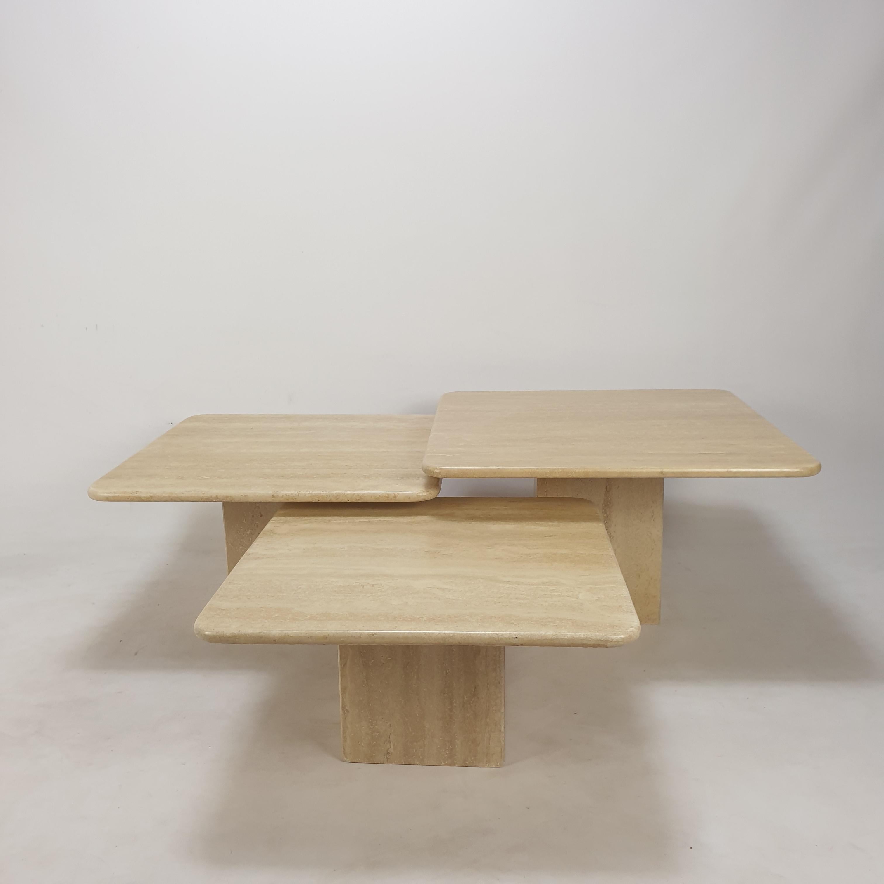 Hand-Crafted Set of 3 Italian Travertine Coffee Tables, 1980s