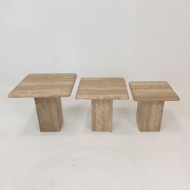 Hand-Crafted Set of 3 Italian Travertine Coffee Tables, 1980s For Sale
