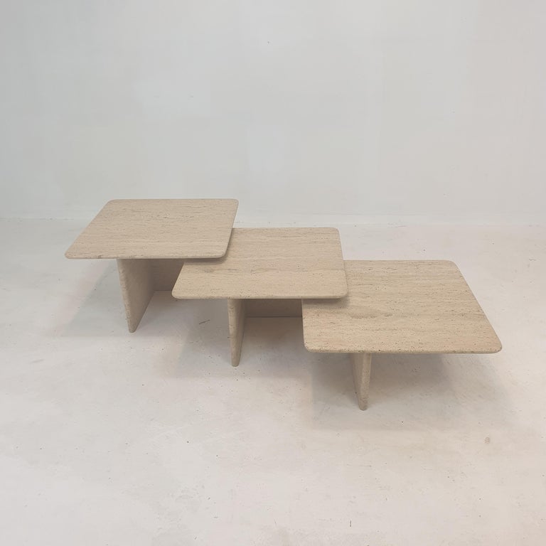 Hand-Crafted Set of 3 Italian Travertine Nesting or Coffee Tables, 1980s For Sale