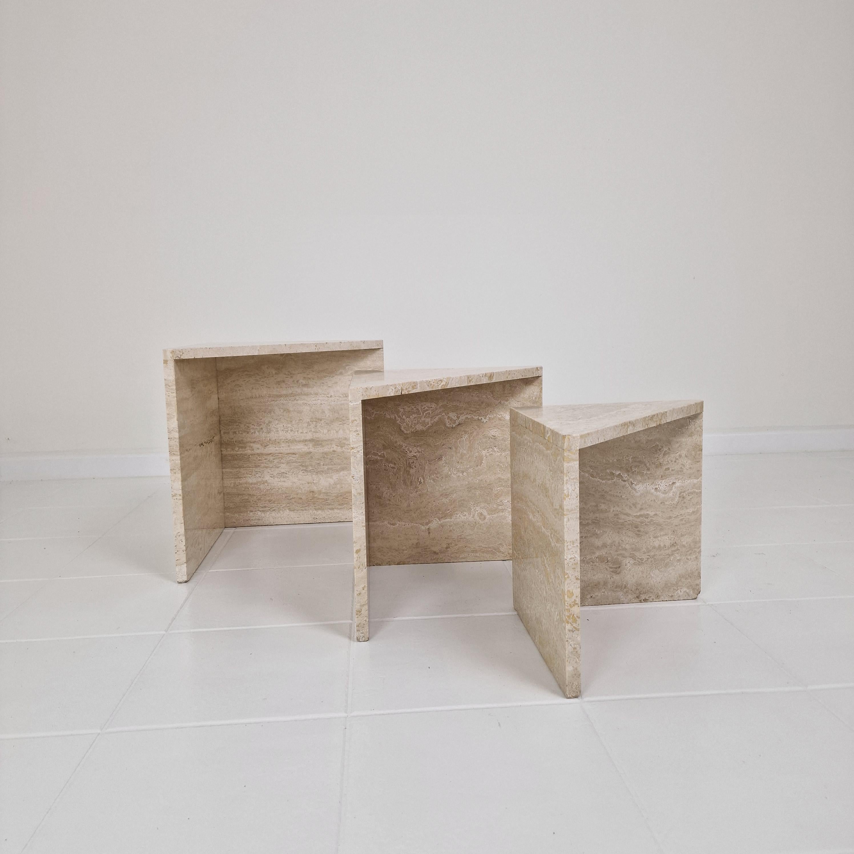 Late 20th Century Set of 3 Italian Travertine Nesting or Side Tables, 1980s For Sale