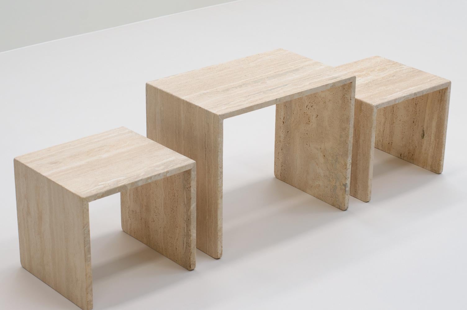 Late 20th Century Set of 3 Italian Travertine Side Tables 70s