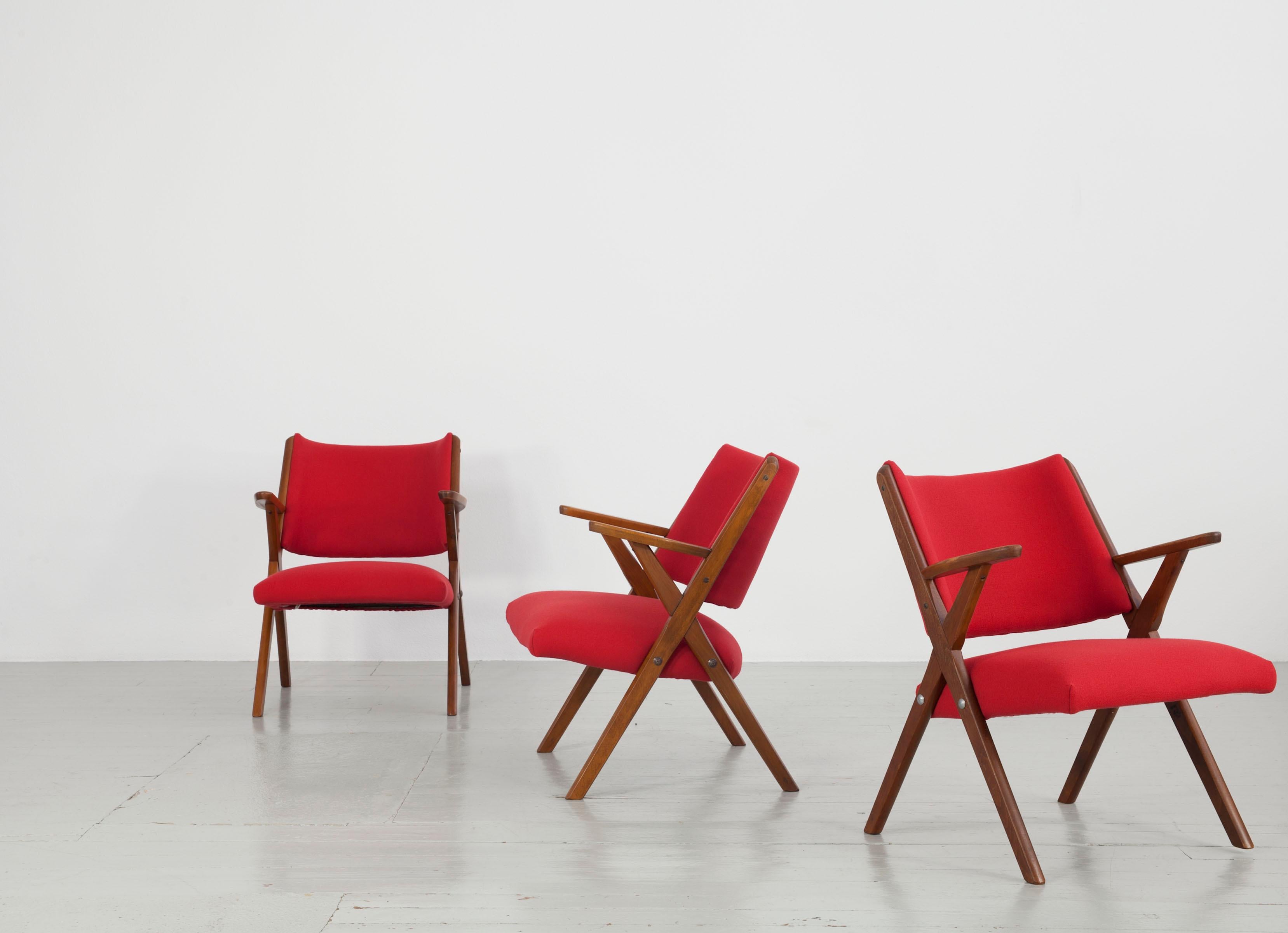 Mid-Century Modern Set of 3 red Italian Vintage Dal Vera Chairs, Italy, 1960s