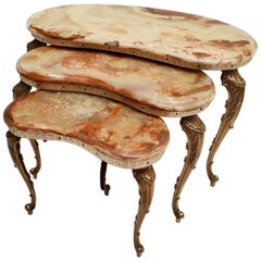 Set of 3 Italian Vintage Polished Brass and Marble Nesting Tables