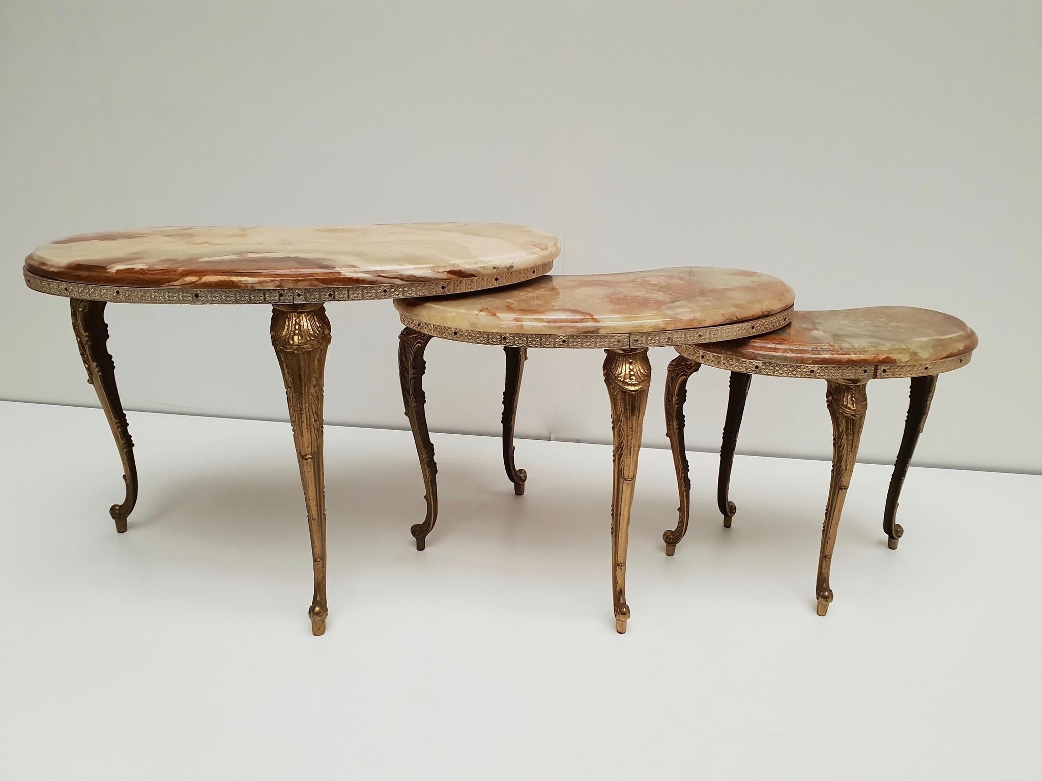 Set of 3 Italian Vintage Polished Brass and Marble Nesting Tables 2