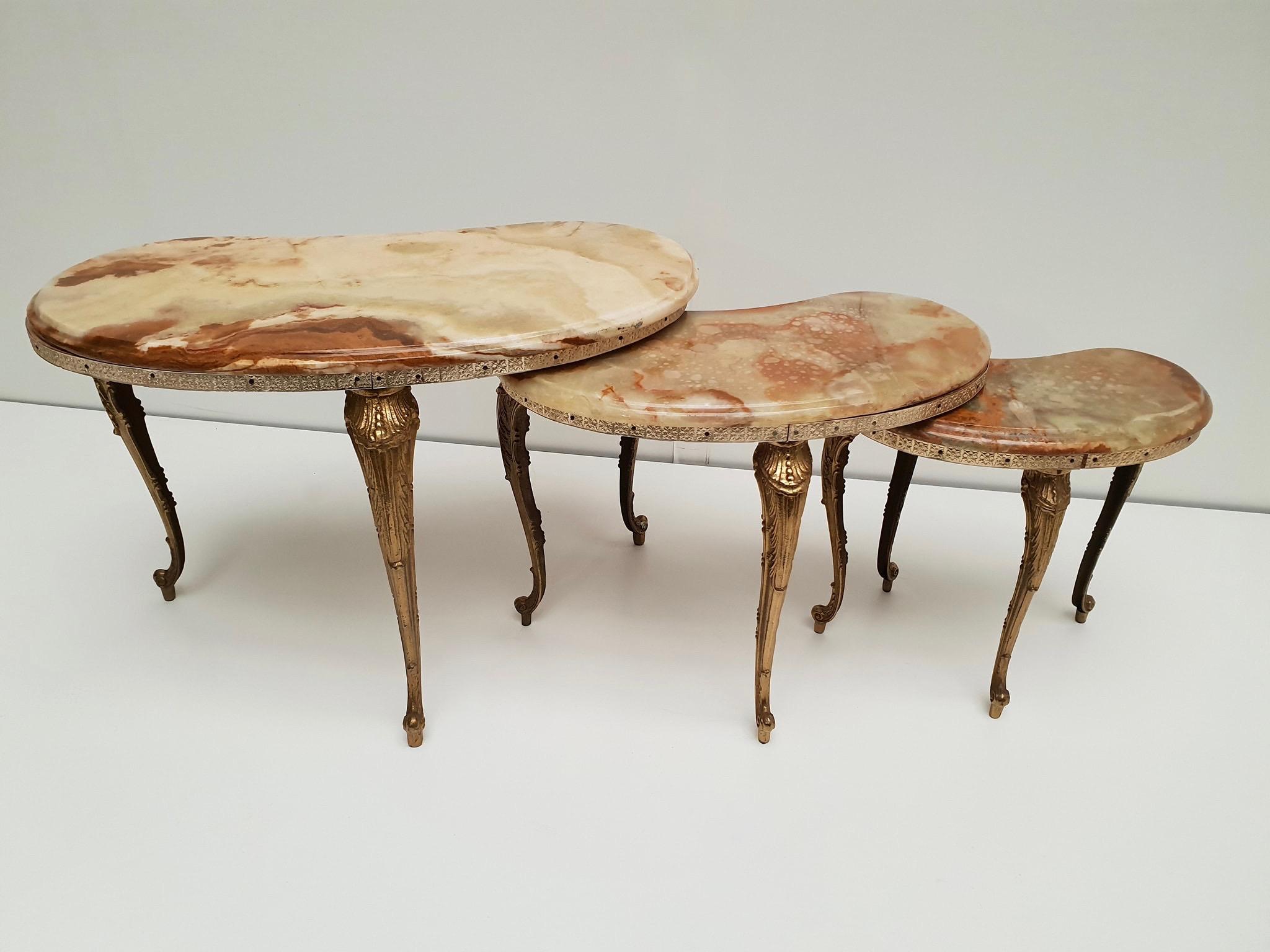 Set of 3 Italian Vintage Polished Brass and Marble Nesting Tables 3