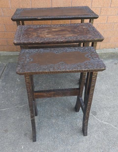 Set of 3 Jacobean Style Hancrafted Carved Walnut Nesting Tables