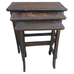 Set of 3 Jacobean Style Hancrafted Carved Walnut Nesting Tables