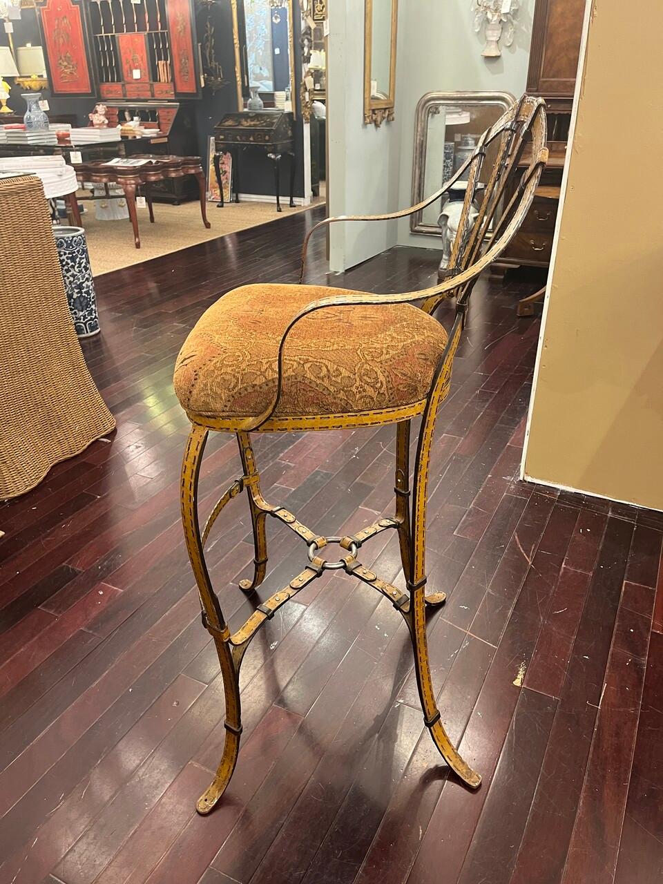 Immerse yourself in luxury with a set of 3 Jacques Adnet for Hermes style equestrian strap barstools. These exquisite stools blend sleek equestrian-inspired patinated brown leather straps with detailed stitching and bridal ring. Perfect for adding a