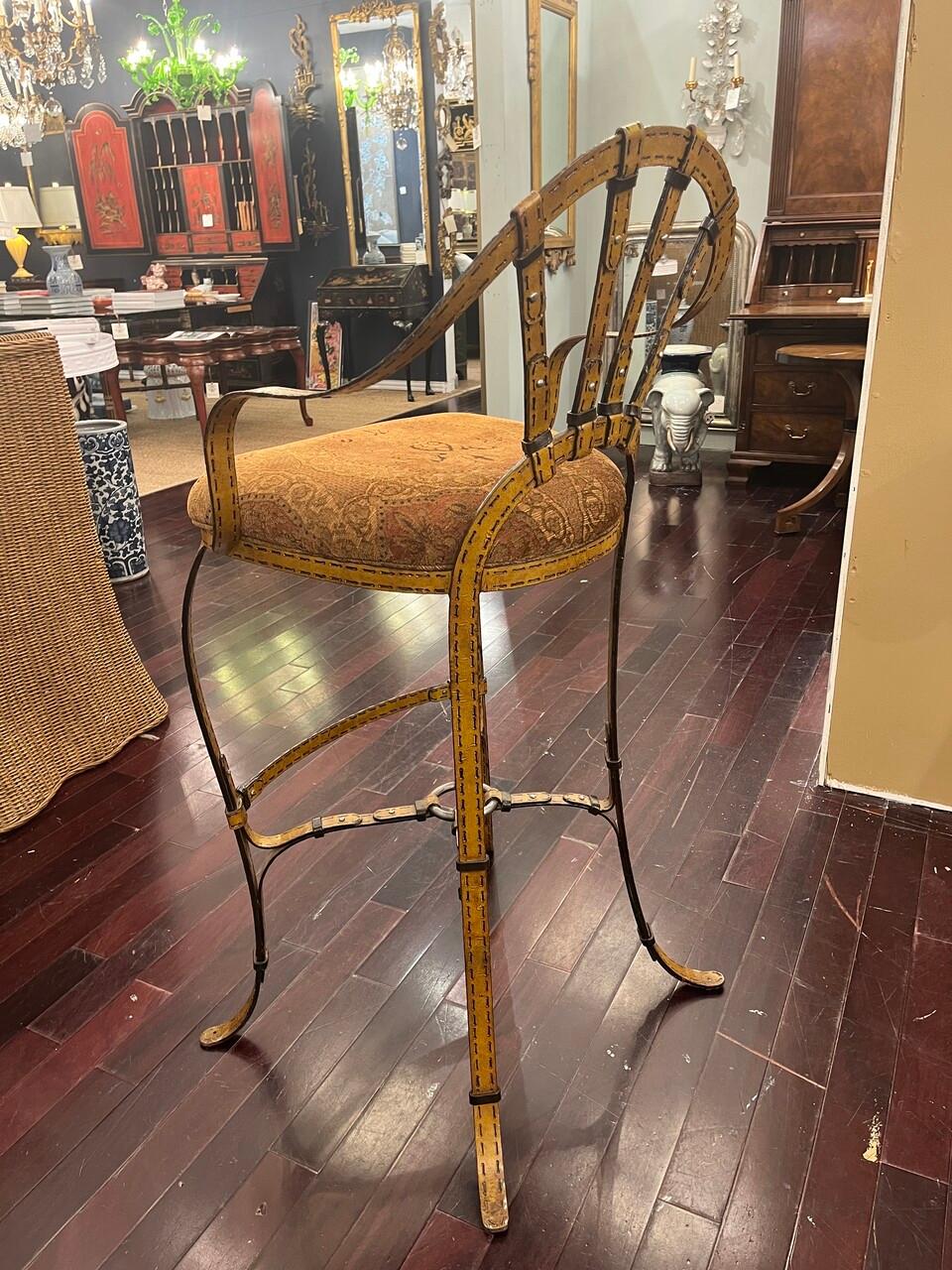 Regency Set of 3 Jacques Adnet Hermes Style Equestrian Strap Barstools For Sale