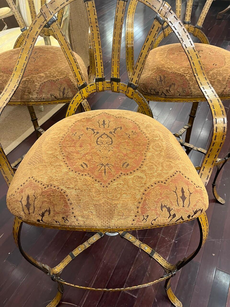 Italian Set of 3 Jacques Adnet Hermes Style Equestrian Strap Barstools For Sale