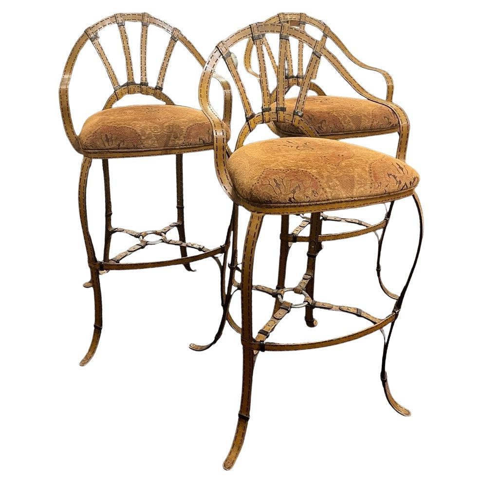 Set of 3 Jacques Adnet Hermes Style Equestrian Strap Barstools For Sale