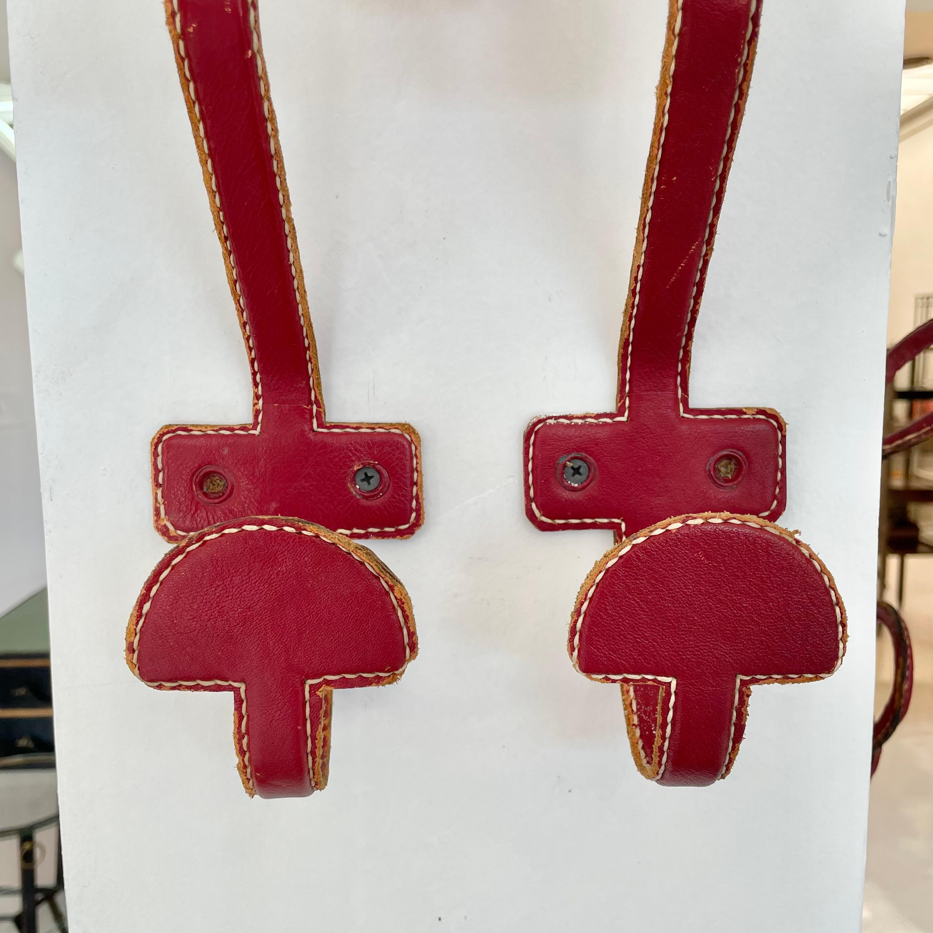 Set of 3 Jacques Adnet Red Leather Coat Hooks, 1950s France For Sale 5