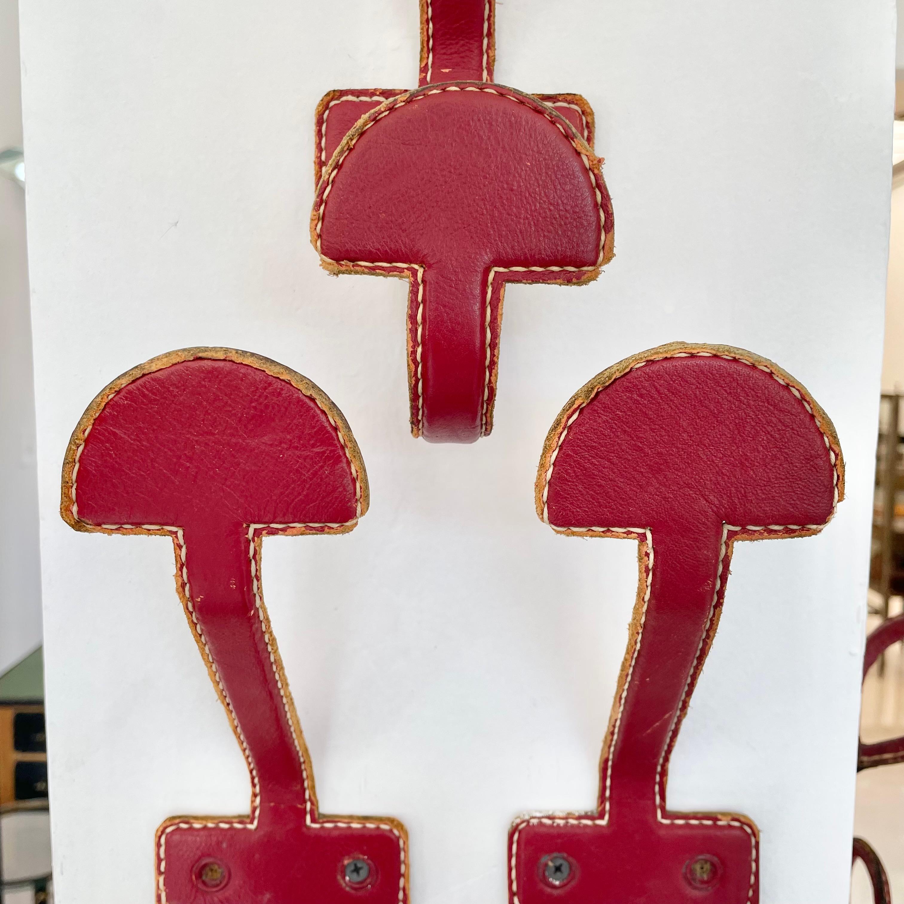Set of 3 Jacques Adnet Red Leather Coat Hooks, 1950s France For Sale 4