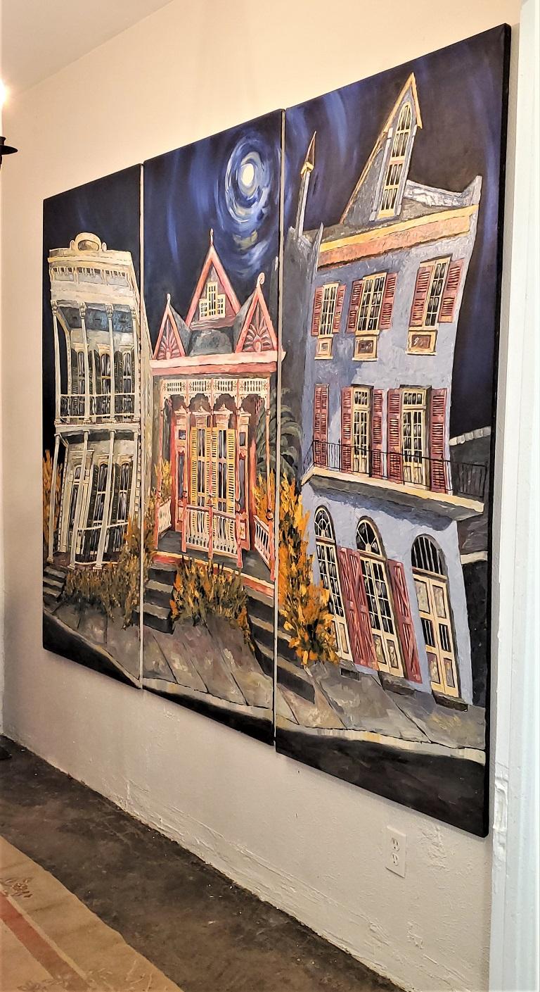 Monumental Triptych Oil on Canvas Panels Of New Orleans French Quarter Houses For Sale 7