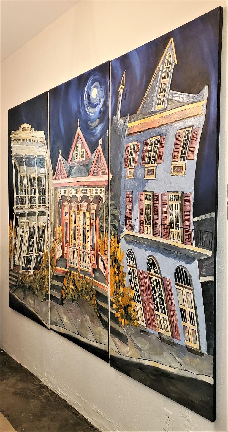 Monumental Triptych Oil on Canvas Panels Of New Orleans French Quarter Houses For Sale 8