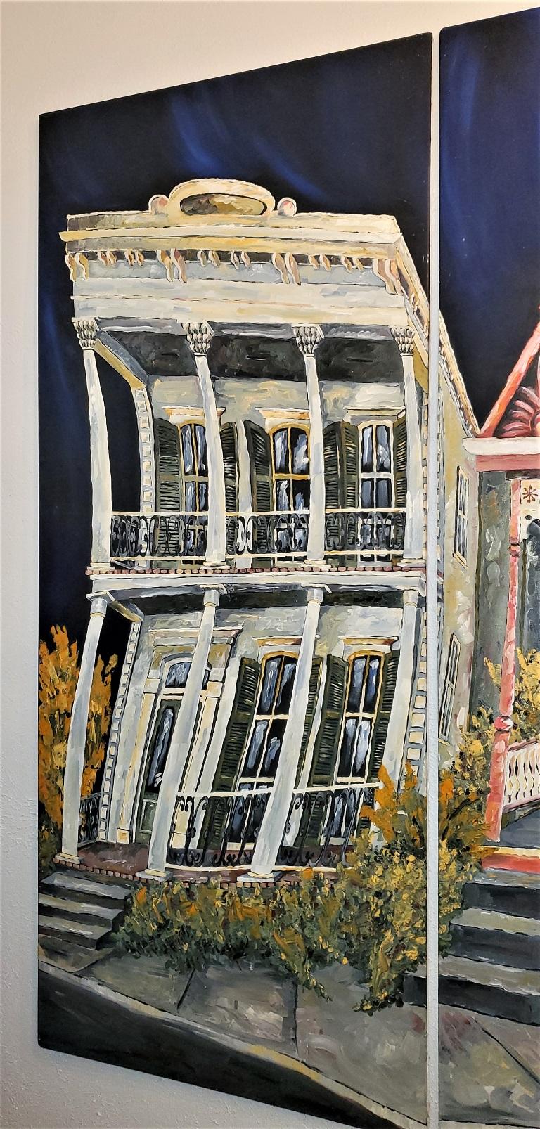 Monumental Triptych Oil on Canvas Panels Of New Orleans French Quarter Houses For Sale 9
