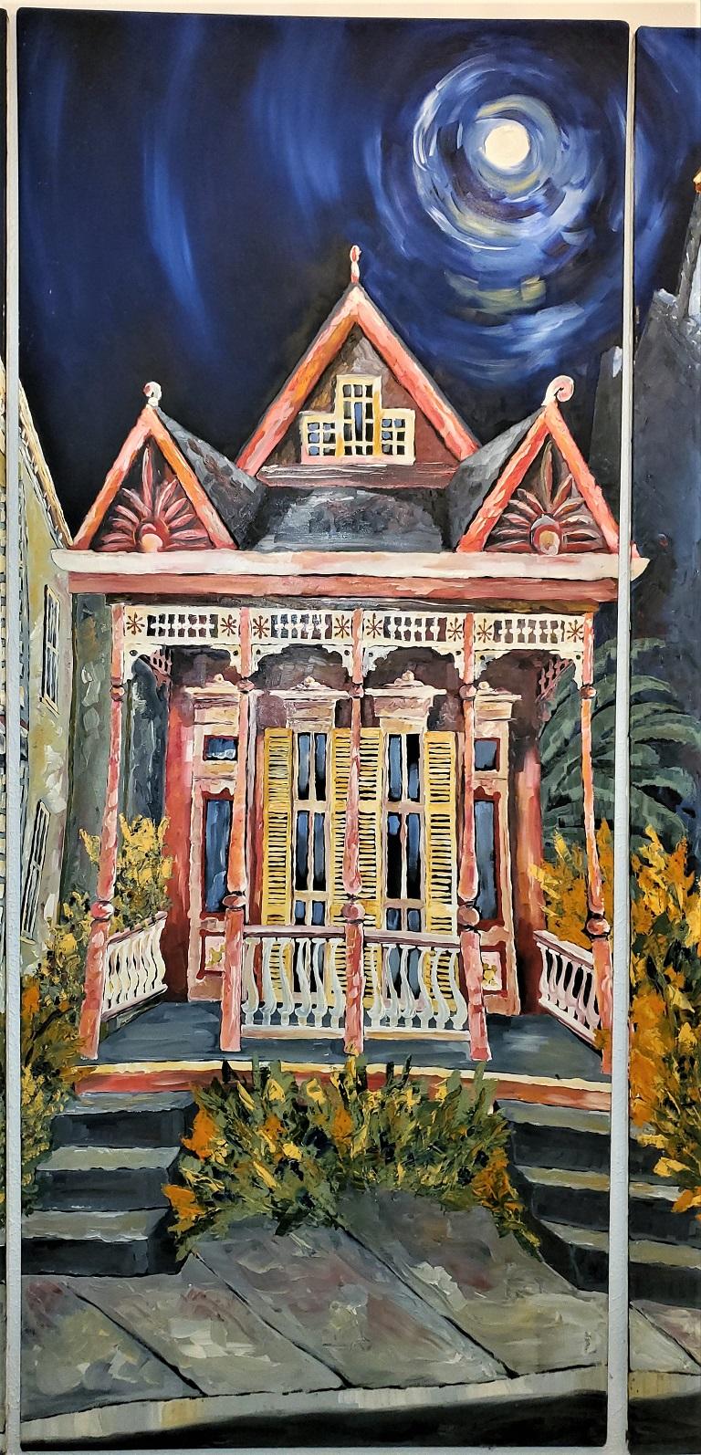 PRESENTING a simply beautiful, monumental and imposing original work of contemporary art, namely, a Triptych oil on canvas panels of New Orleans Colonial/French Quarter Houses.

Unsigned and undated, but most definitely inspired by the World