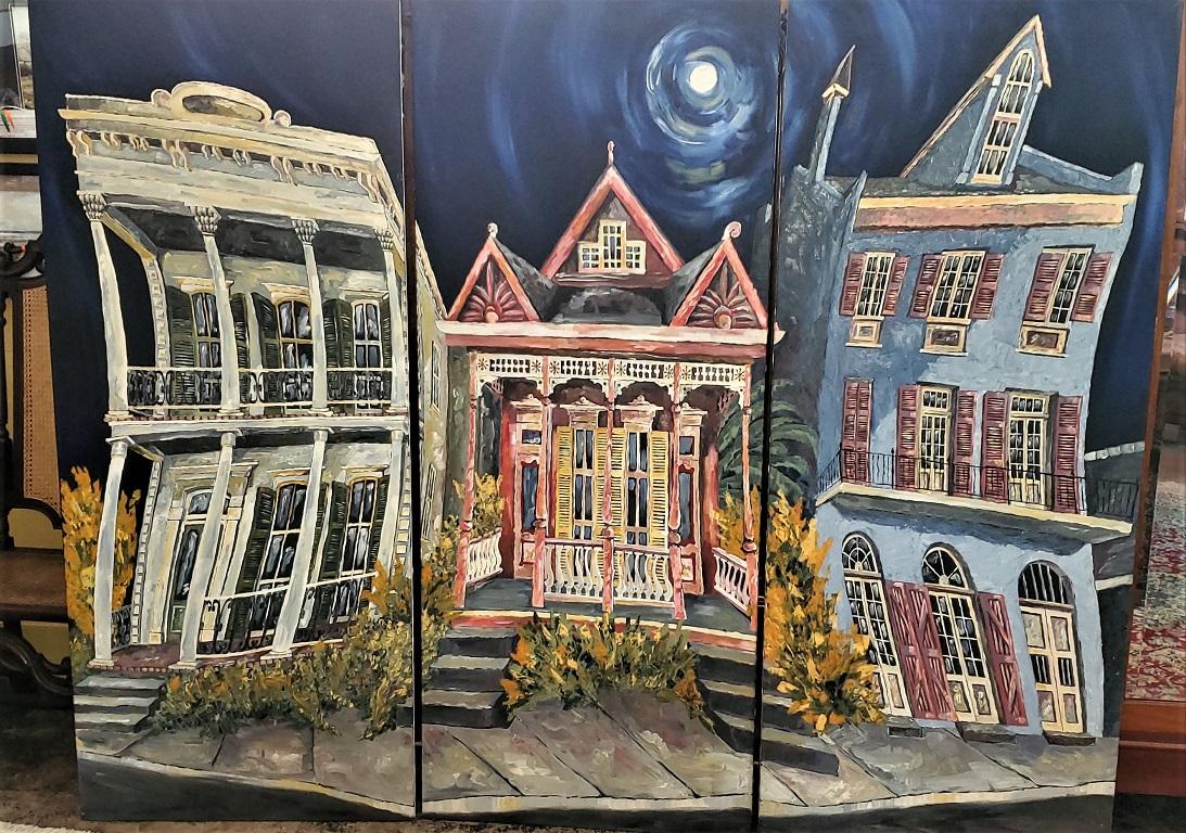 Monumental Triptych Oil on Canvas Panels Of New Orleans French Quarter Houses For Sale 10