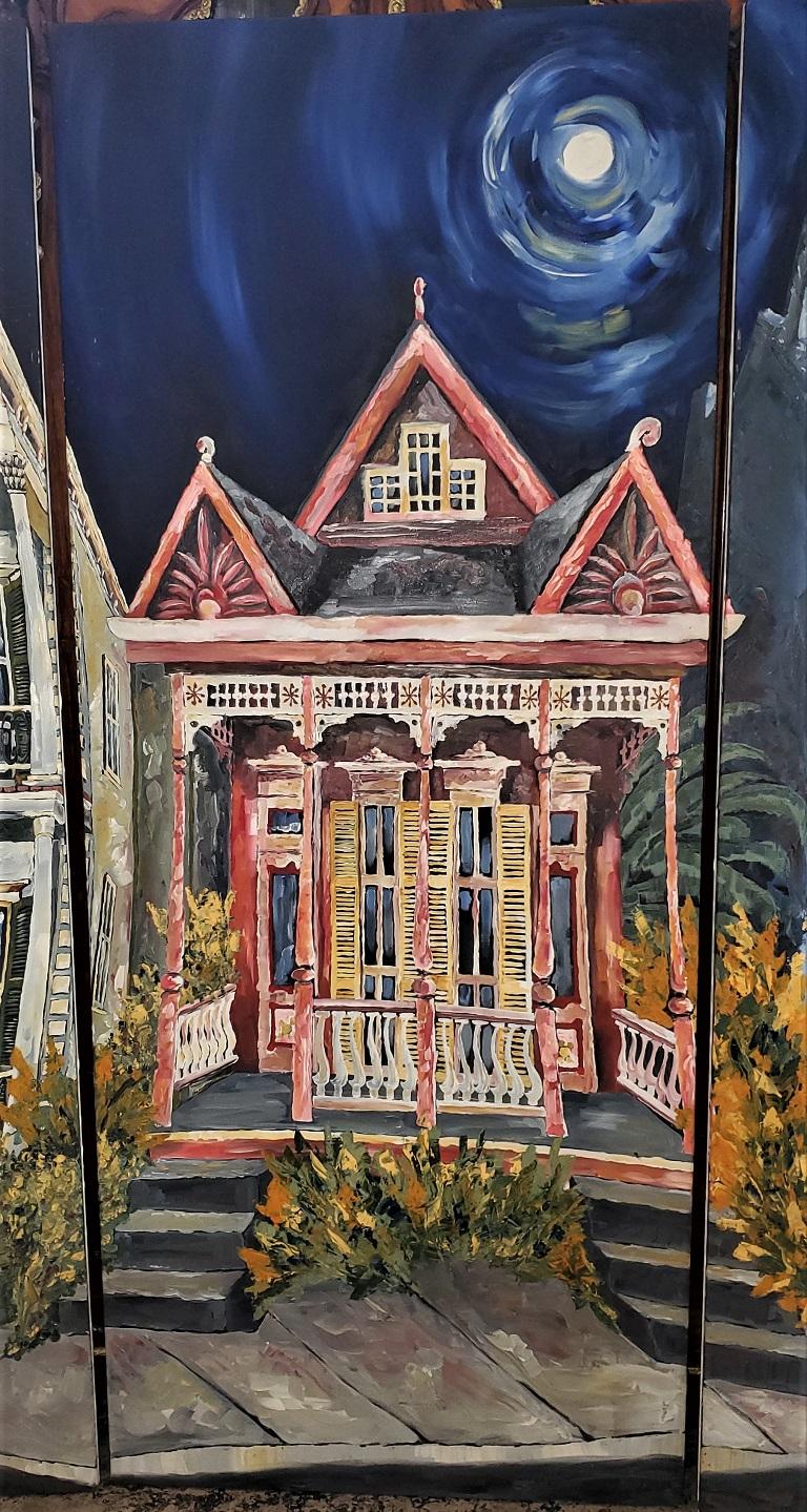 Tríptico Monumental Óleo sobre Lienzo Paneles De Casas Del Barrio Francés De Nueva Orleans en Bueno estado para la venta en Dallas, TX