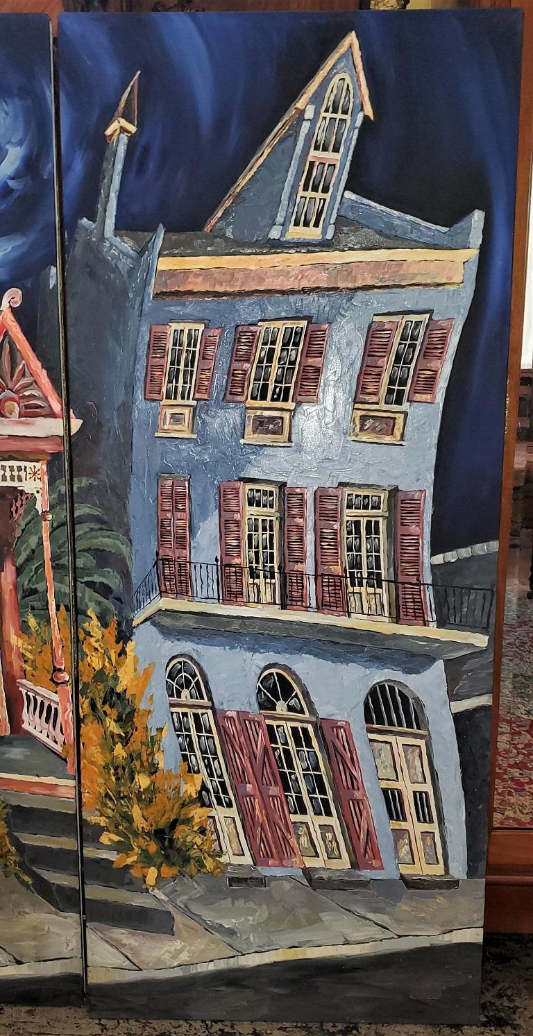 American Monumental Triptych Oil on Canvas Panels Of New Orleans French Quarter Houses For Sale