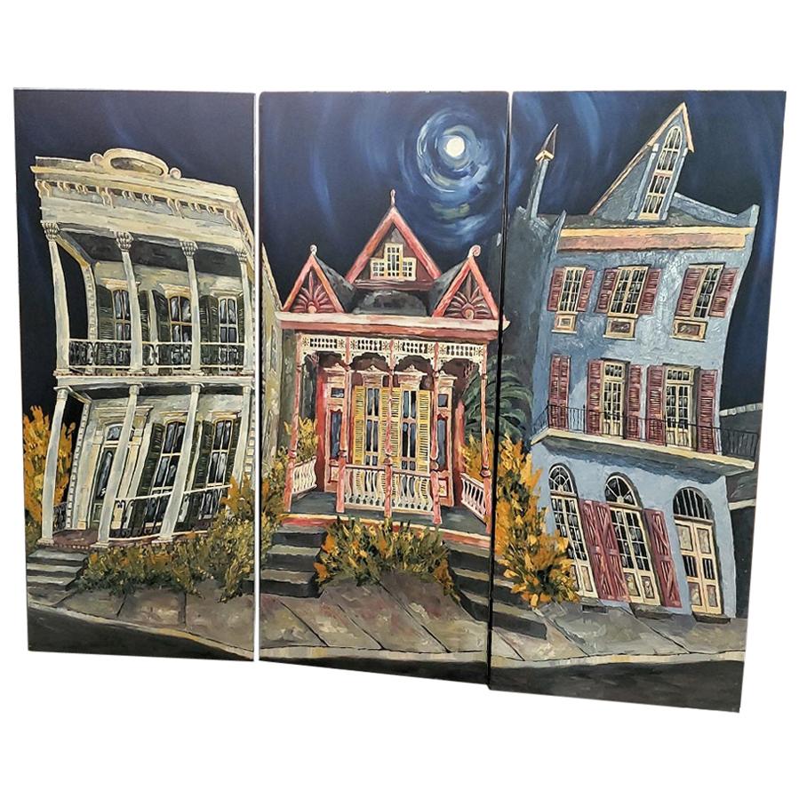 Trittico monumentale di pannelli olio su tela di case del quartiere francese di New Orleans