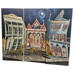 Triptych Oil on Canvas Panels Of New Orleans French Quarter Houses