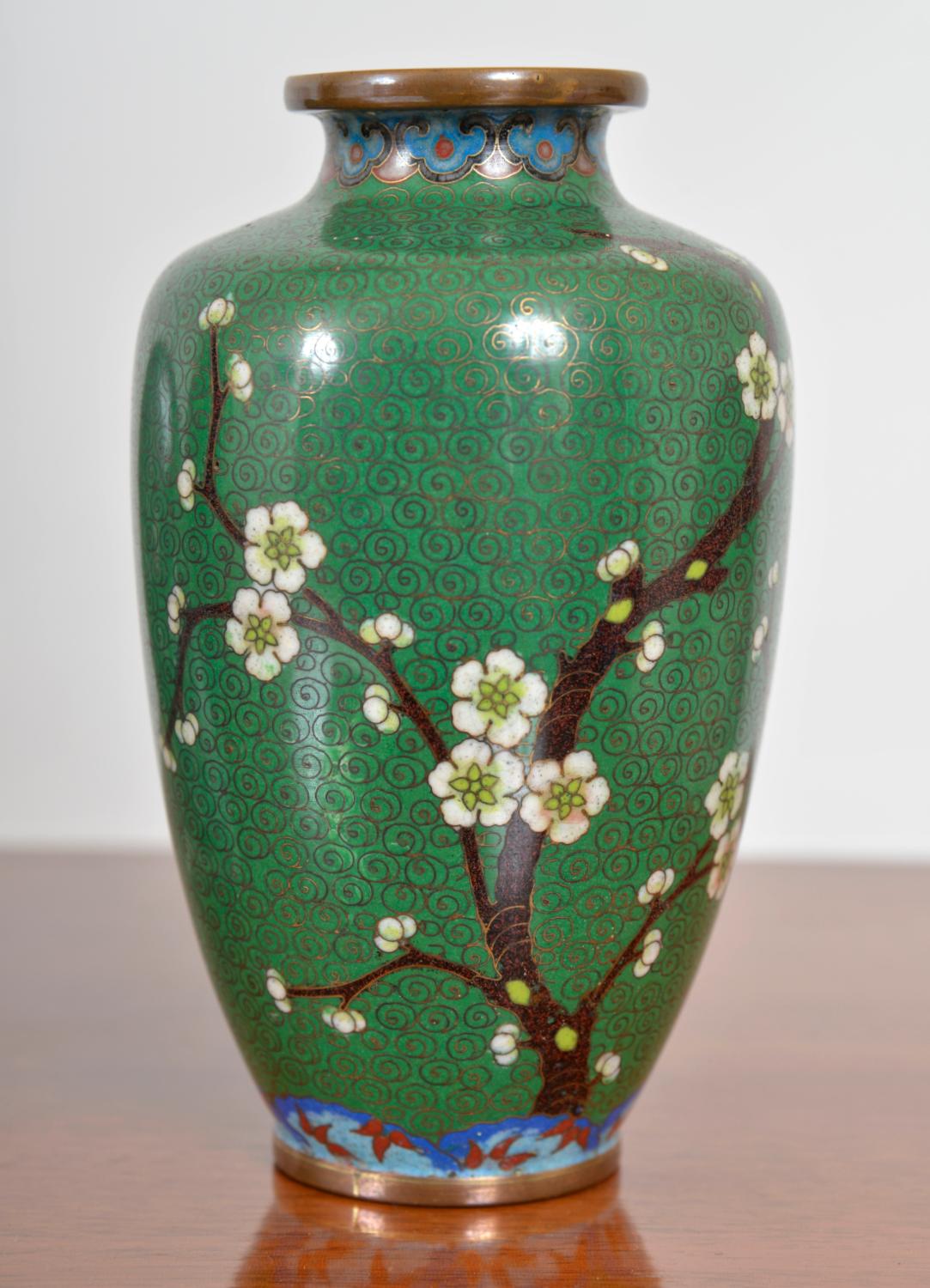 Set of 3 Japanese Cloisonné Enamel Brass Vases Dish Cherry Blossom Green 1920s 4