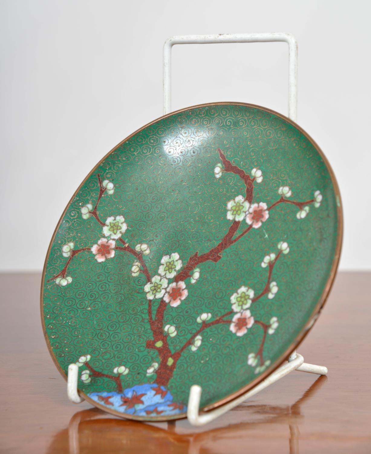 Set of 3 Japanese Cloisonné Enamel Brass Vases Dish Cherry Blossom Green 1920s 5