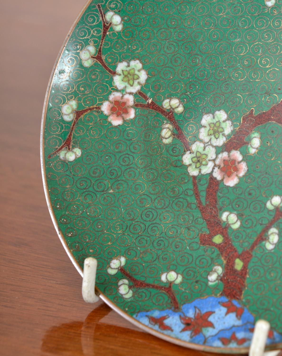 Set of 3 Japanese Cloisonné Enamel Brass Vases Dish Cherry Blossom Green 1920s 6