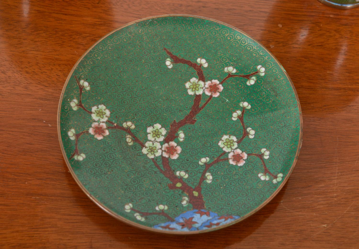 Set of 3 Japanese Cloisonné Enamel Brass Vases Dish Cherry Blossom Green 1920s 1