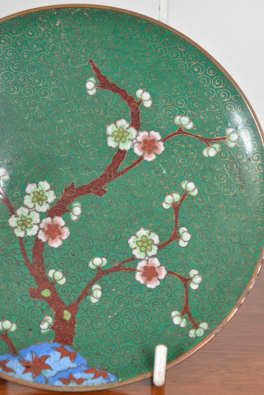 Set of 3 Japanese Cloisonné Enamel Brass Vases Dish Cherry Blossom Green 1920s 2
