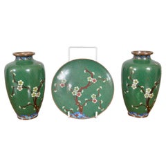Set of 3 Japanese Cloisonné Enamel Brass Vases Dish Cherry Blossom Green 1920s