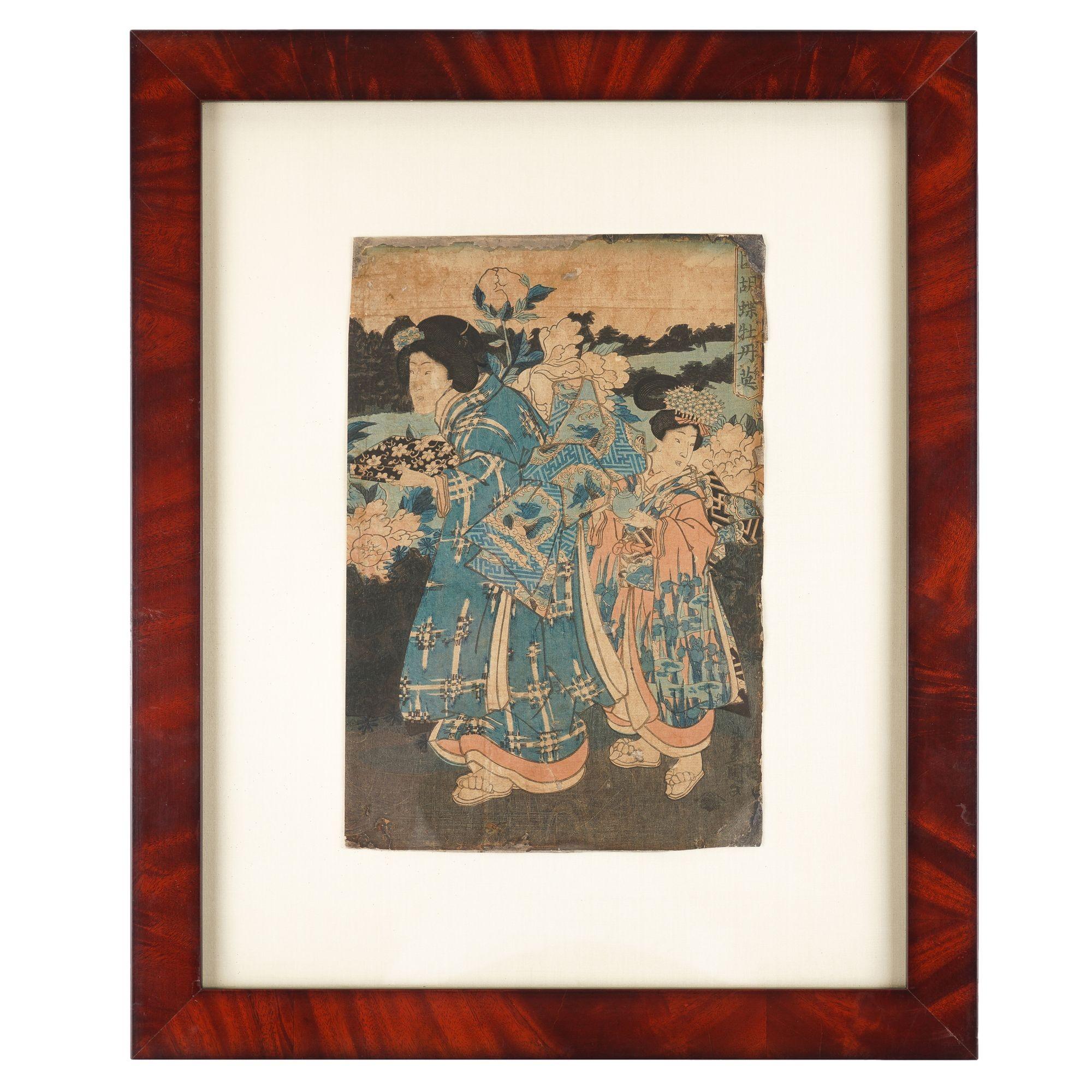 Set of 3 Japanese framed woodblock prints by Utagawa Toyokuni, 1786-1865 In Fair Condition For Sale In Kenilworth, IL