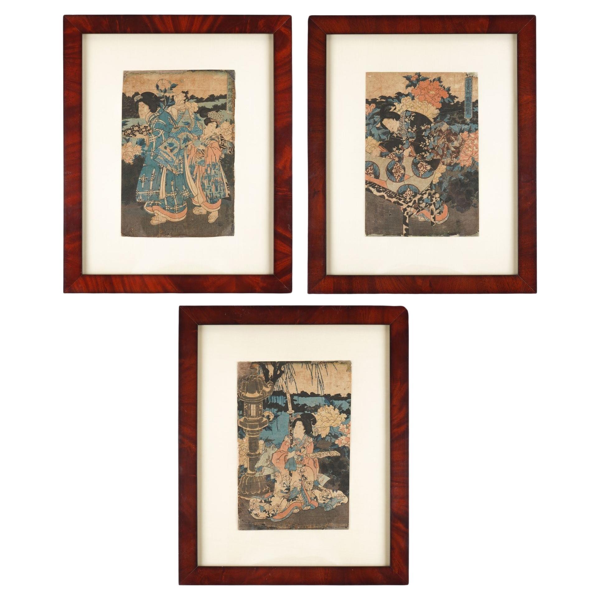 Set of 3 Japanese framed woodblock prints by Utagawa Toyokuni, 1786-1865 For Sale