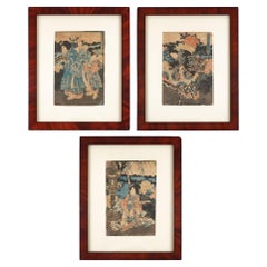 Antique Set of 3 Japanese framed woodblock prints by Utagawa Toyokuni, 1786-1865