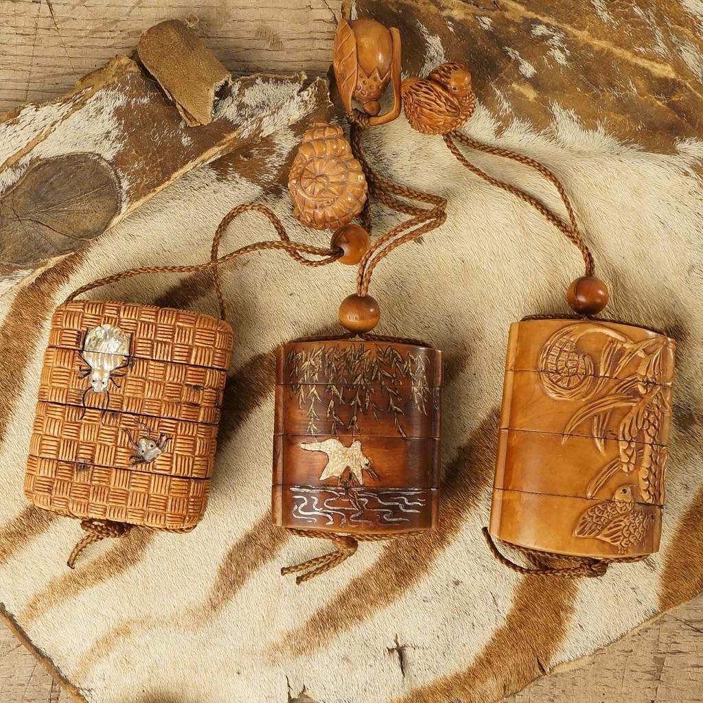 These three antique handcrafted inro cases, are a wonderful collection of Japanese Sagemono (hanging object). These inro have several sections stacked one above the other and were traditionally (mostly by men) suspended from the obi to carry seals,
