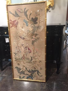 Set of 3 English Silk Embroideries in Gilt Frame