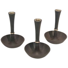 Vintage Set of 3 Jens Quistgaard for Dansk Cast Iron and Brass Candleholders