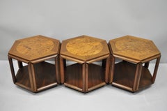 Set of 3 John Keal Brown Saltman Burl Wood Hexagon Mid-Century Modern Side Table
