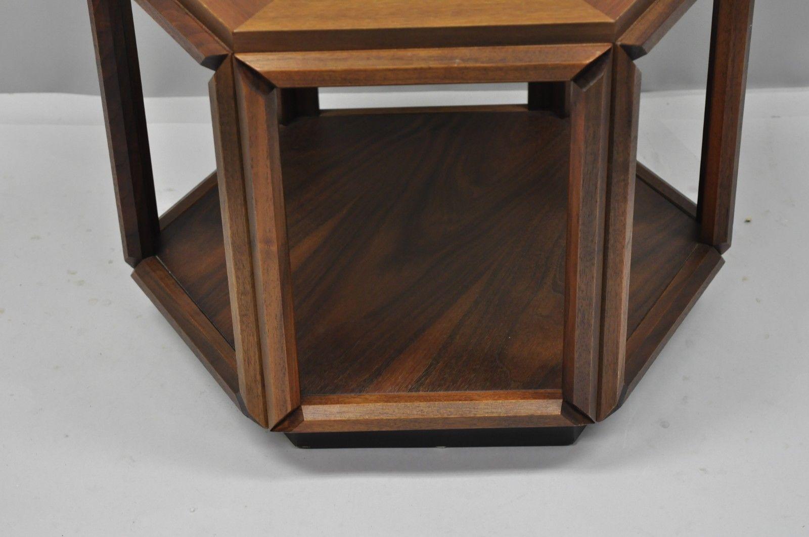 American Set of 3 John Keal Brown Saltman Burl Wood Hexagon Mid-Century Modern Side Table For Sale