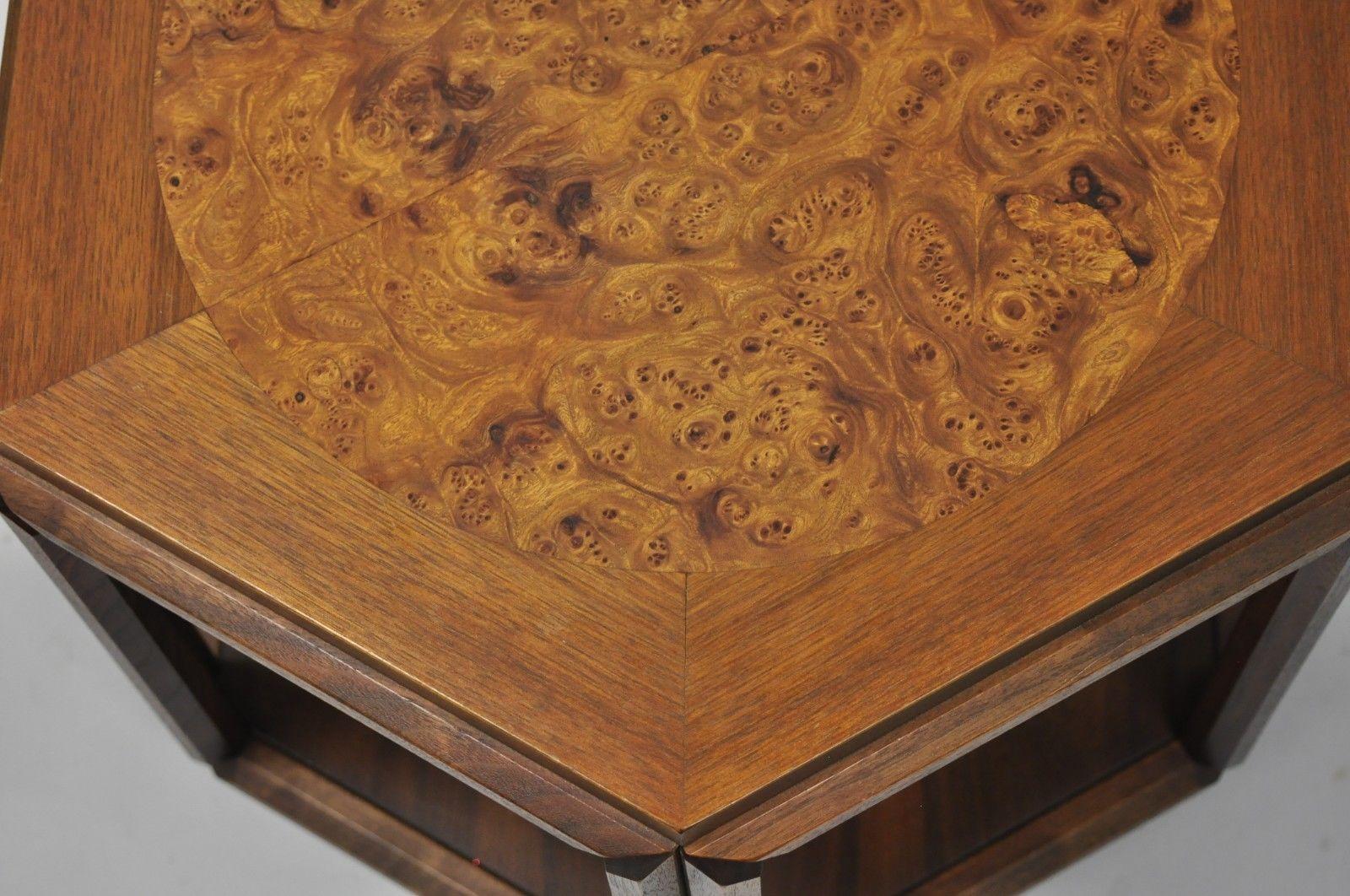 Walnut Set of 3 John Keal Brown Saltman Burl Wood Hexagon Mid-Century Modern Side Table For Sale