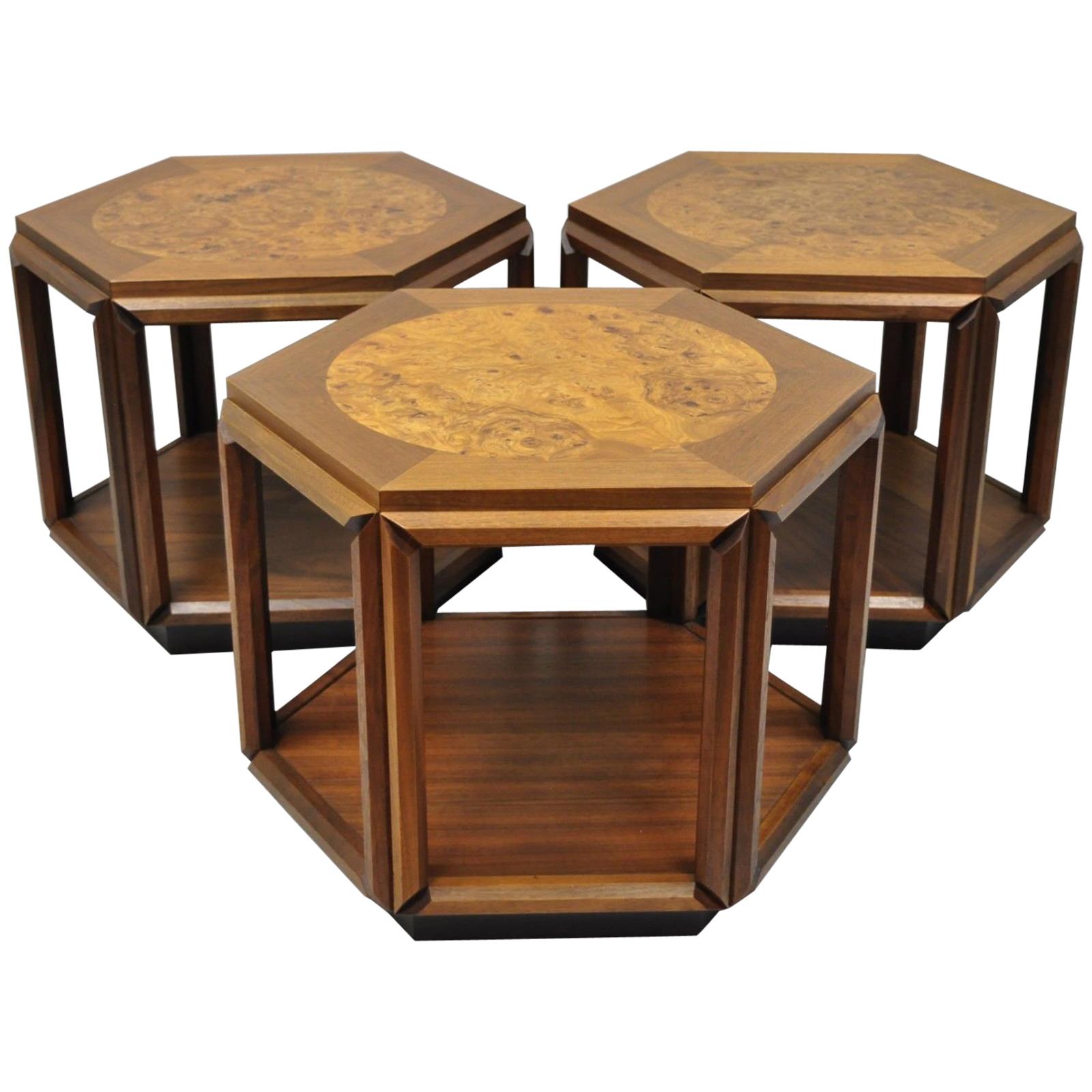 Set of 3 John Keal Brown Saltman Burl Wood Hexagon Mid-Century Modern Side Table