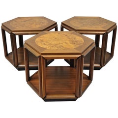 Retro Set of 3 John Keal Brown Saltman Burl Wood Hexagon Mid-Century Modern Side Table