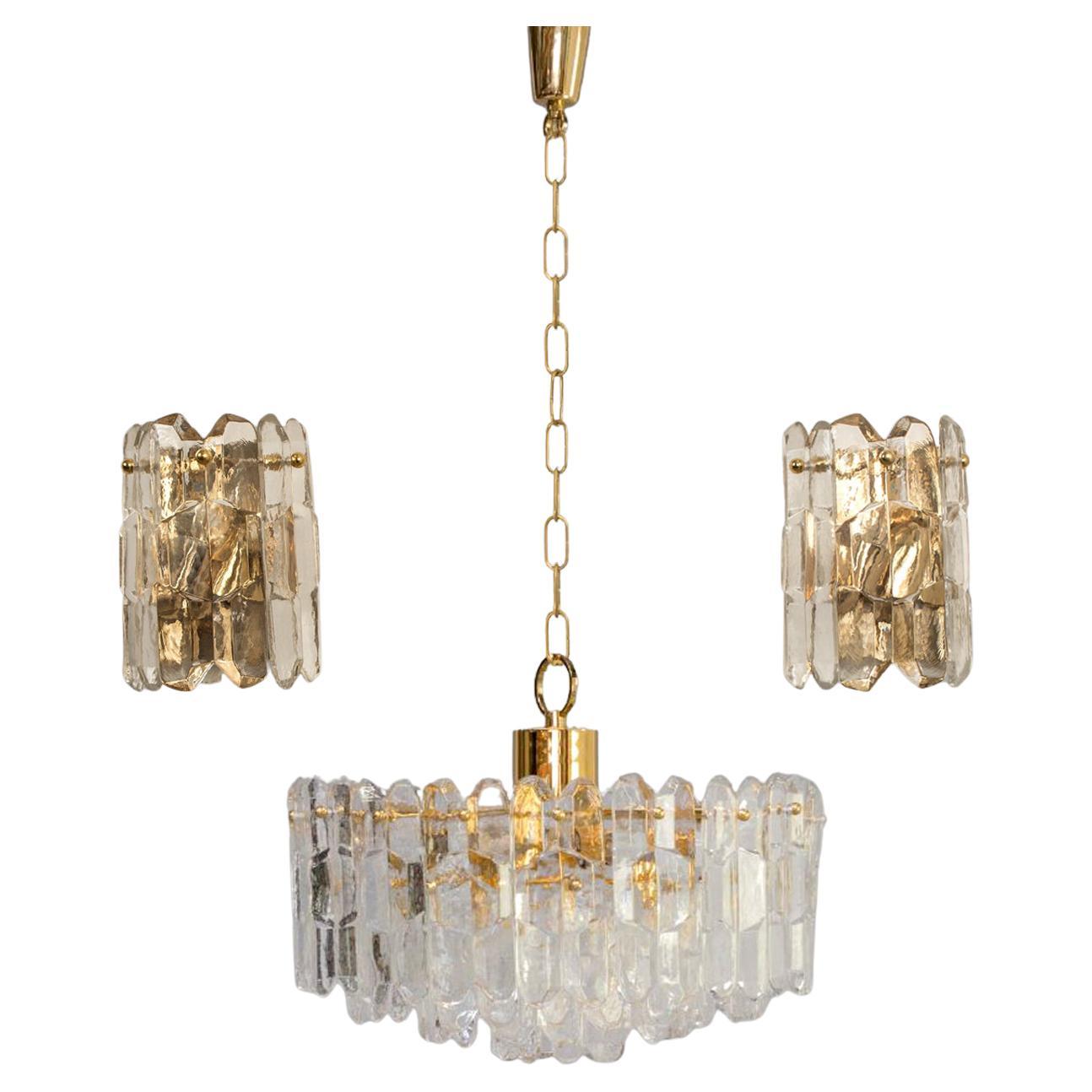 Set of 3 J.T. Kalmar 
Palazzo
 Light Fixtures Gilt Brass and Glass, 1970